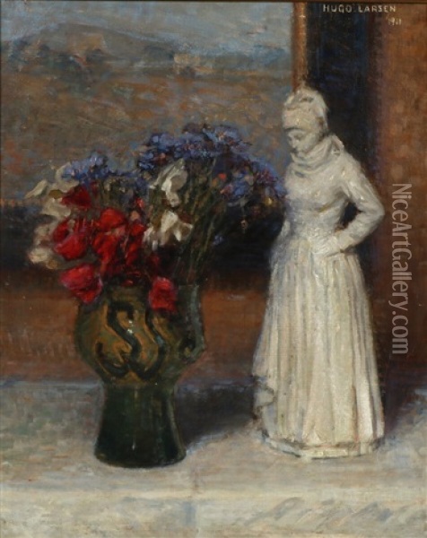 Still Life With Flowers And Figurine Oil Painting - Hugo Valdemar Larsen
