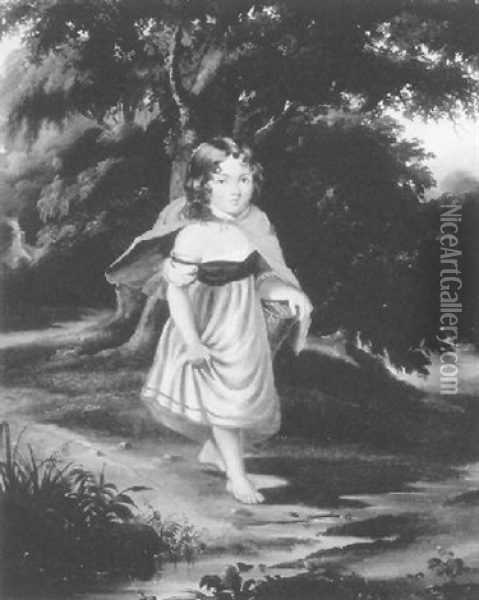 Girl In A Pink And Blue Cloak Carrying A Basket On A Path Beyond A Cottage Oil Painting - James H. Cafferty