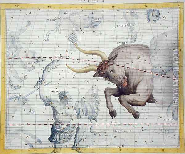 Constellation of Taurus, plate 2 from Atlas Coelestis, by John Flamsteed (1646-1710), published in 1729 Oil Painting - Sir James Thornhill