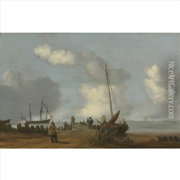A Coastal Landscape With Figures On A Jetty, A Sailing Boat Moored To Its Right Oil Painting - Cornelis de Bie