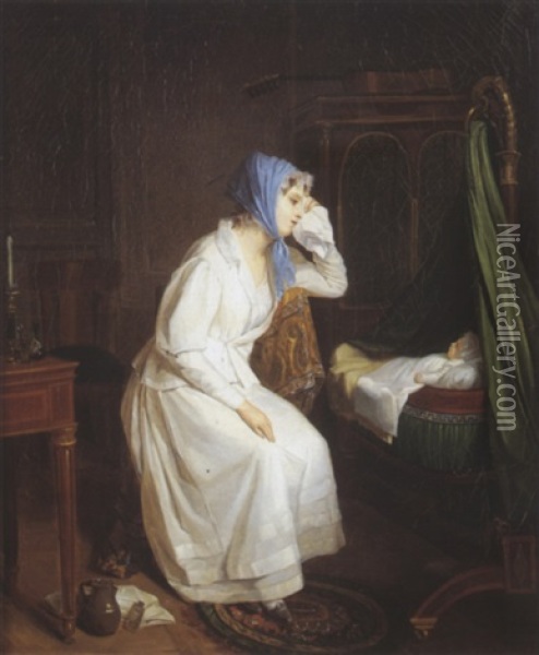 Jeune Femme Veillant Sur Son Enfant Endormi Oil Painting - Anne Nicole Voullemier