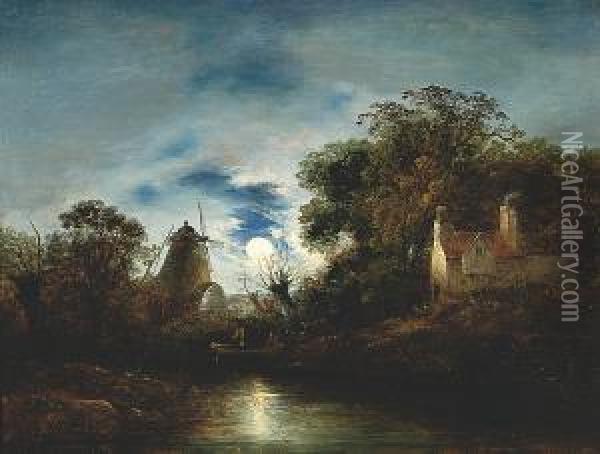 An Angler Before A Windmill By Moonlight Oil Painting - William Henry Crome