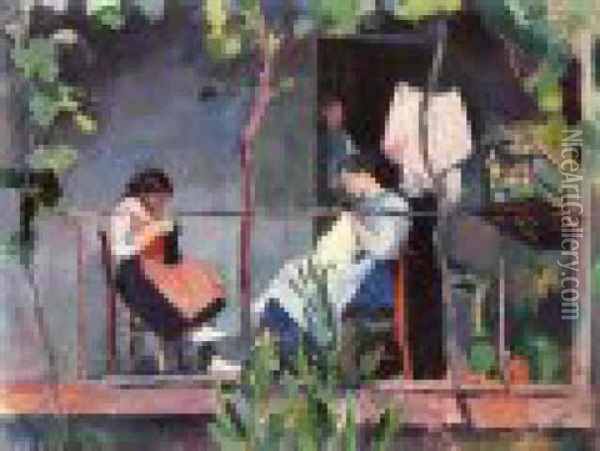 Couturures Au Balcon Oil Painting - Henri Ottmann
