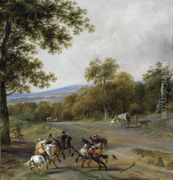 A Landscape With Horsemen Attacking Travellers Near The Margin Of A Wood Oil Painting - Nicolaes Berchem
