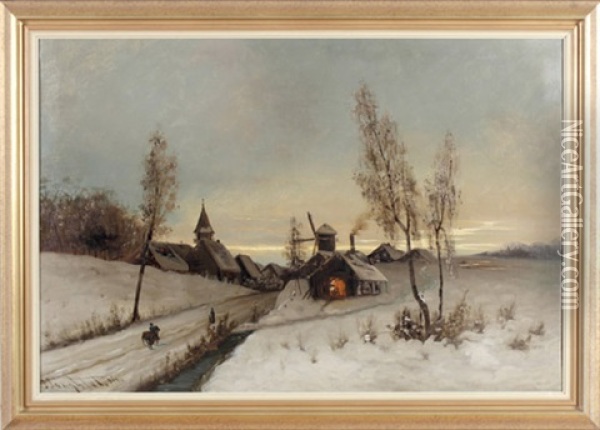 Winterliche Dorfstrase Beim Schein Der Untergehenden Sonne Oil Painting - Johann Jungblut