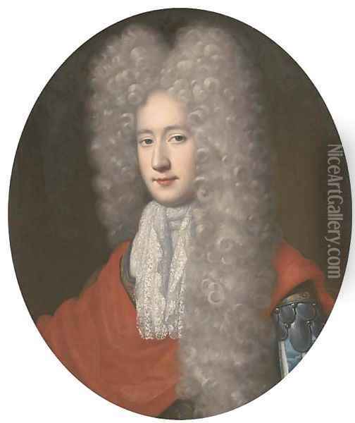 Portrait of a gentleman, bust-length, wearing an armoured tunic, red wrap and long wig Oil Painting - Jean Baptiste van Loo