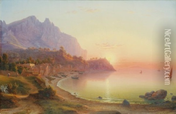 Vue De La Cote Italienne, Probablement Capri Oil Painting - Johann-Rudolph Buhlmann
