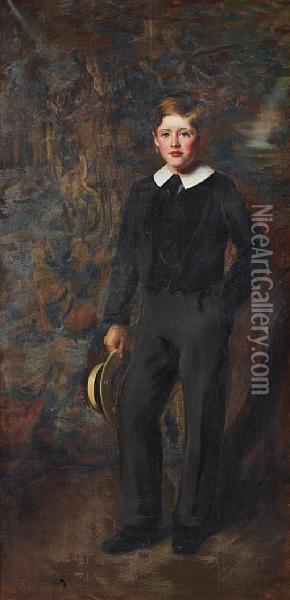 Portrait Of A Boy, Full Length, Standing Against A Tree Holding A Boater Hat Oil Painting - Marietta Cotton