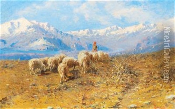 Sheep Shepherdess By Lake Maggiore Oil Painting - Achille Tominetti