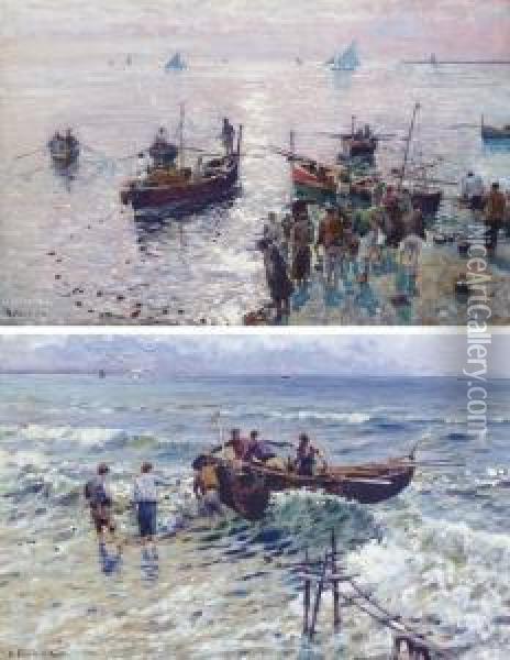 Loading The Boats At Dawn; Arriving Ashore Oil Painting - Attilio Pratella
