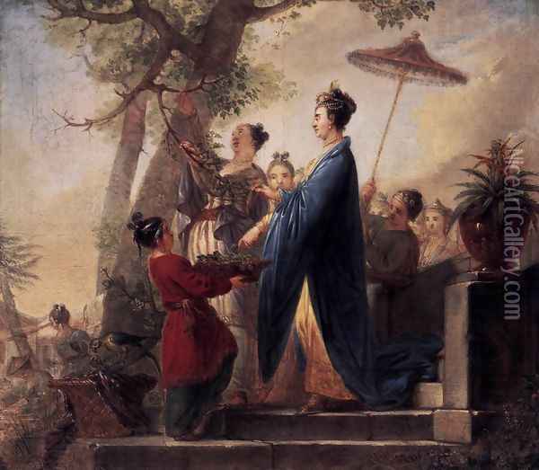 The Empress of China Culling Mulberry Leaves c. 1773 Oil Painting - Bernhard Rode