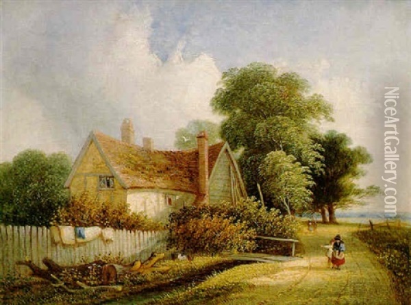 Landscape With Figures Near A Cottage Oil Painting - Samuel David Colkett