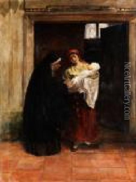Junge Frau Mit Wickelkind An Einer Klosterpforte Mit Klosterfrau Oil Painting - August Von Brandis