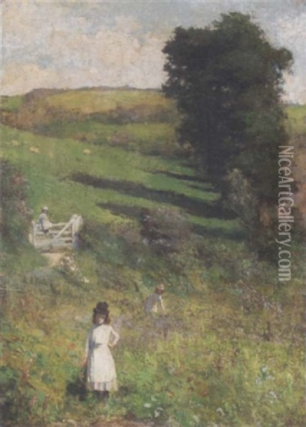 Children In A Meadow Oil Painting - James Patterson