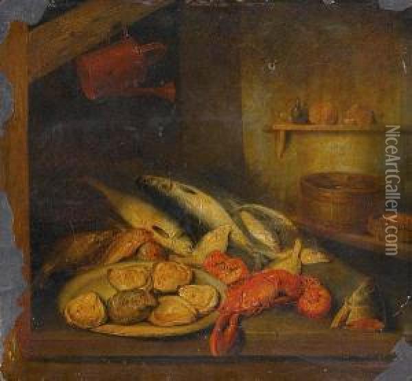 Still Life Of Lobster, Oysters And Fish Oil Painting - Benjamin Blake