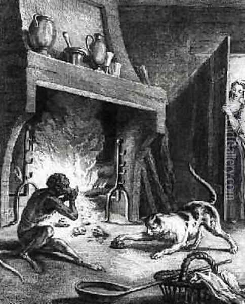 The Monkey and the Cat, illustration for the Fables by Jean de La Fontaine 1621-95, engraved by Louis Le Mire 1736-57 Oil Painting - Jean-Baptiste Oudry