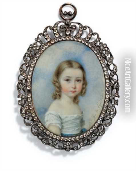 A Young Girl In White Dress With Blue Sash Around Waist Oil Painting - Amelie de (Comtesse Kautz) Lacepede