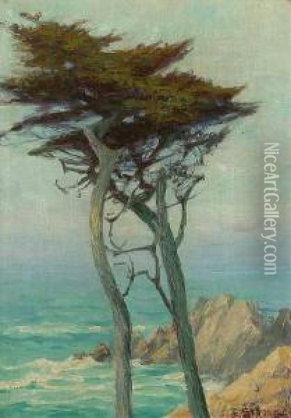 Carmel Coastal S L/r: E. Strong O/c 14x10.5 Oil Painting - Elizabeth Strong