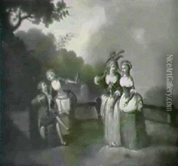 Elegant Ladies Strolling In A Garden Before A Loving Couple Seated On A Bench Oil Painting - Antoine Pesne
