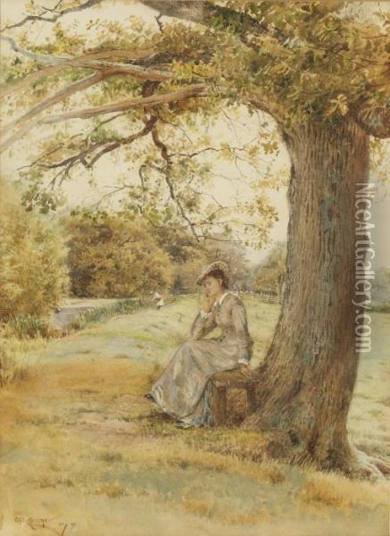 Lady Seated Beneath A Tree By The River Bank Oil Painting - George Goodwin Kilburne