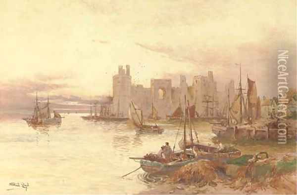 Carnaervon Castle from across the water Oil Painting - Walker Stuart Lloyd