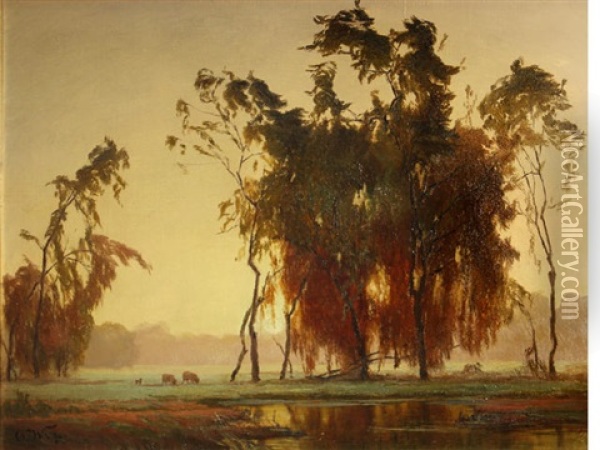 Buffaloes Grazing Under Trees At Sunset Oil Painting - Henry Otto Wix