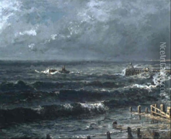 Die Mole Von Nieuport/belgien An Einem Sturmischen Tag Oil Painting - Friedrich Ernst Morgenstern