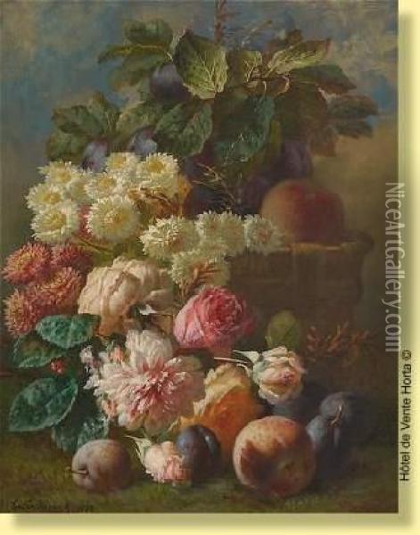 Composition Au Panier De Fleurs Et De Fruits Oil Painting - Edmond De Koninck
