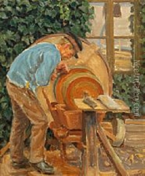 Exterior With Carpenter At The Lathe Oil Painting - Peter Marius Hansen
