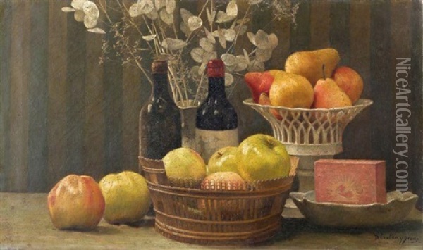 Nature Morte Aux Fruits Et Bouteilles De Vin Oil Painting - Charles Bertrand d' Entraygues