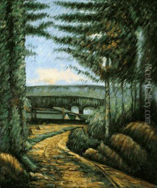 Road, Trees And Lake Oil Painting - Paul Cezanne