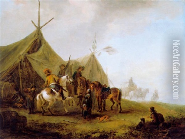 Cavaliers Devant Une Tente Oil Painting - August Querfurt