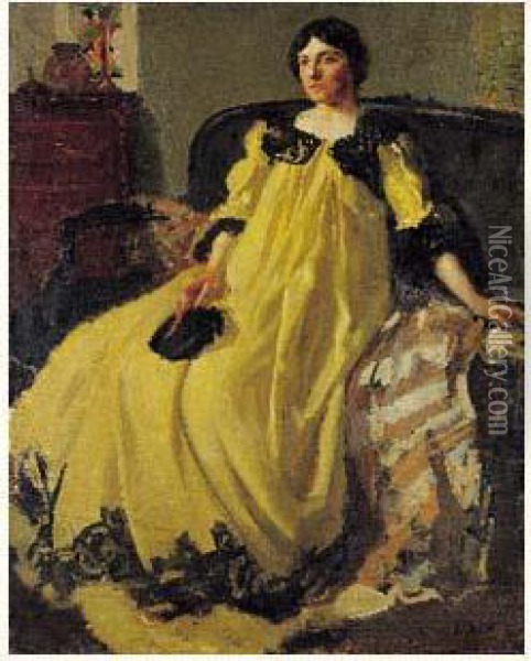Elegante A La Robe Jaune, Circa 1910 Oil Painting - Richard Emile Miller
