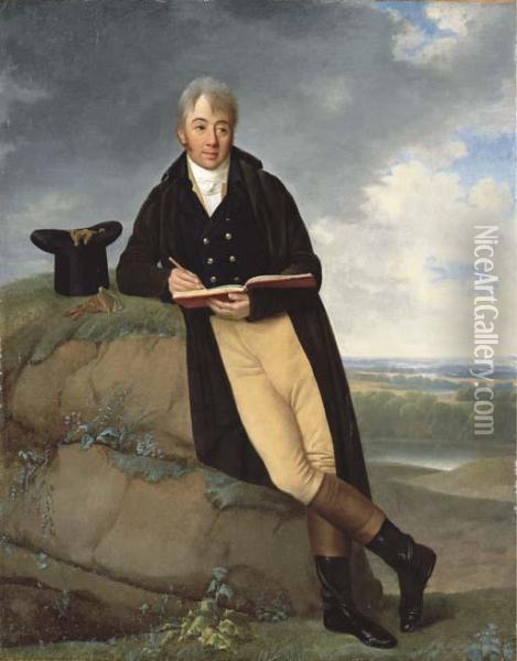 Portrait Of A Gentleman, 
Full-length, In Buff Breeches With A Dark Blue Jacket, Sketching, His 
Top-hat And Gloves On A Rock Beside Him, A Landscape Beyond Oil Painting - Firmin Massot