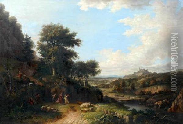 Athois Figures And Animals With A Hilltown In The Distance Oil Painting - Jacques D Arthois