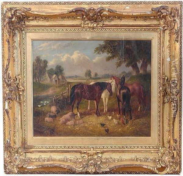 Farmyard Scene With Horses Oil Painting - John Frederick Herring Snr