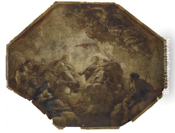 The Trinity With Saint Teresa And Other Figures On Clouds, Angels Flying Above Oil Painting - Charles de La Fosse