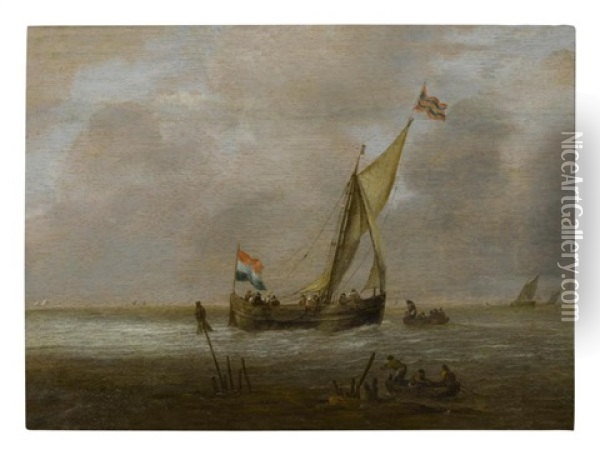 A Seascape With A Sailing Ship And Fishing Boats Off The Coast Oil Painting - Willem van Diest