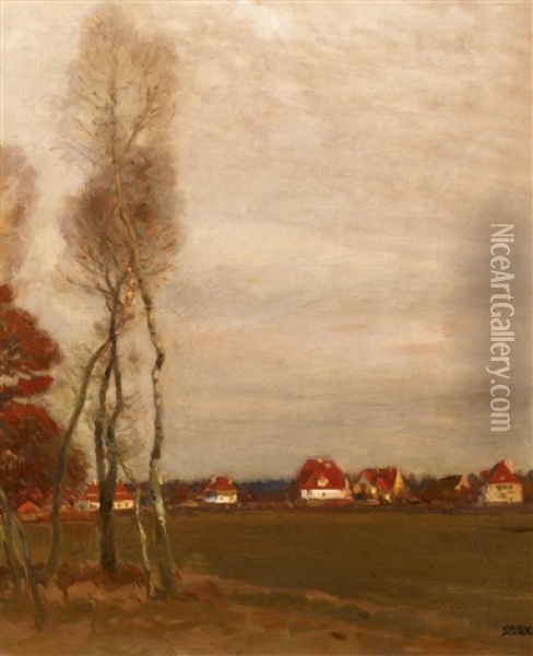 Munchen-solln. Landschaft Mit Birken, Im Hintergrund Die Hauser Der Aidenbachstrase Oil Painting - Carl von Marr