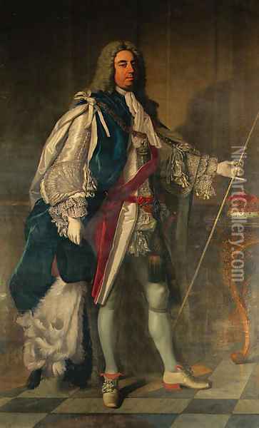 Portrait of Charles, 2nd Duke of Grafton (1683-1757), full-length, in Garter robes, holding a wand of office, beside a table on which rests his corone Oil Painting - Jean Baptiste van Loo