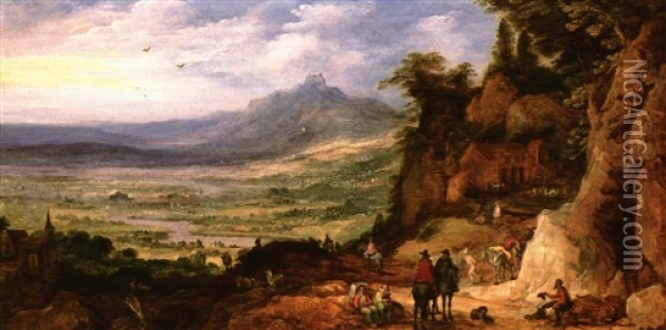 Travellers And Horsemen At Rest On A Mountain Road Beside A Stable, An Extensive Landscape Beyond Oil Painting - Joos de Momper the Younger