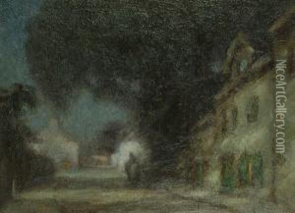 Moonlit Village. Oil Painting - Thomas William Morley