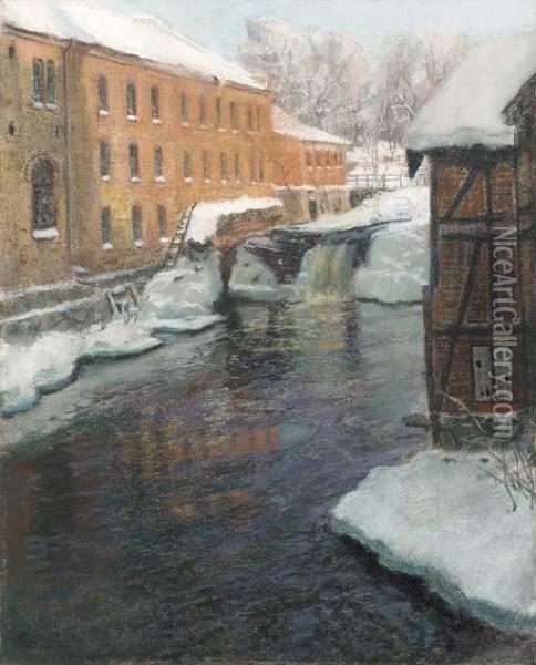 A River Cascade Among Factory Buildings On A Winter's Day Oil Painting - Fritz Thaulow