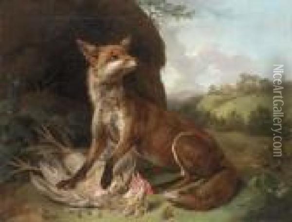 A Fox With A Dead Cockerel In A Landscape Oil Painting - Stephen Elmer