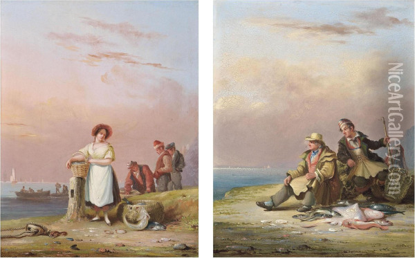 Sorting The Catch; And Fishermen Seated On The Shore Oil Painting - Condy, Nicholas Matthews
