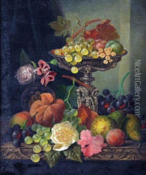 Still Life Study Of Mixed Fruit On A Wooden Ledge Oil Painting - Henry George Todd