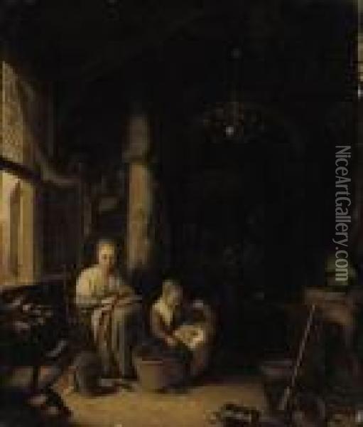 A Young Mother With Her Children In An Interior Oil Painting - Gerrit Dou