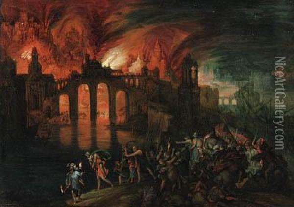 Aeneas Rescuing His Father From The Burning City Of Troy Oil Painting - Pieter Schoubroeck
