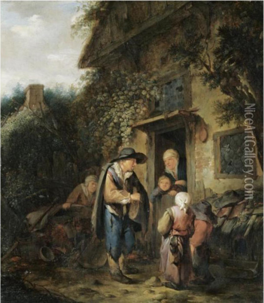 The Exterior Of A Cottage With Peasants Conversing At A Doorway Oil Painting - Isaack Jansz. van Ostade