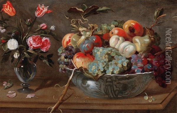 A Still Life Of Fruit And Flowers With Roses And Tulips In A Glass Vase And Pieces Of Fruit In A Wan-li Bowl Oil Painting - Frans Snyders